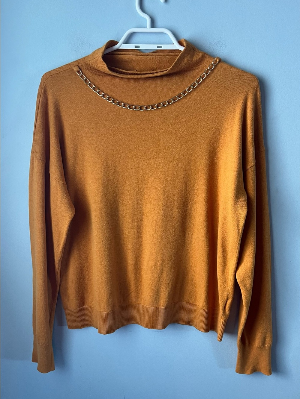 MICHAEL Michael Kors Mustard Mock Neck Cotton Blend Sweater Gold Chain Size L